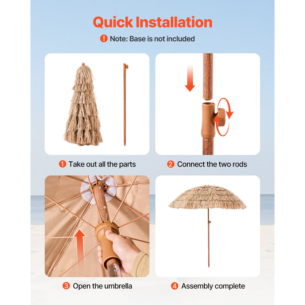 Patio Umbrella Tiki Thatched 6 Ft Tilt 30 Degree 8-Rib Polyester Poolside