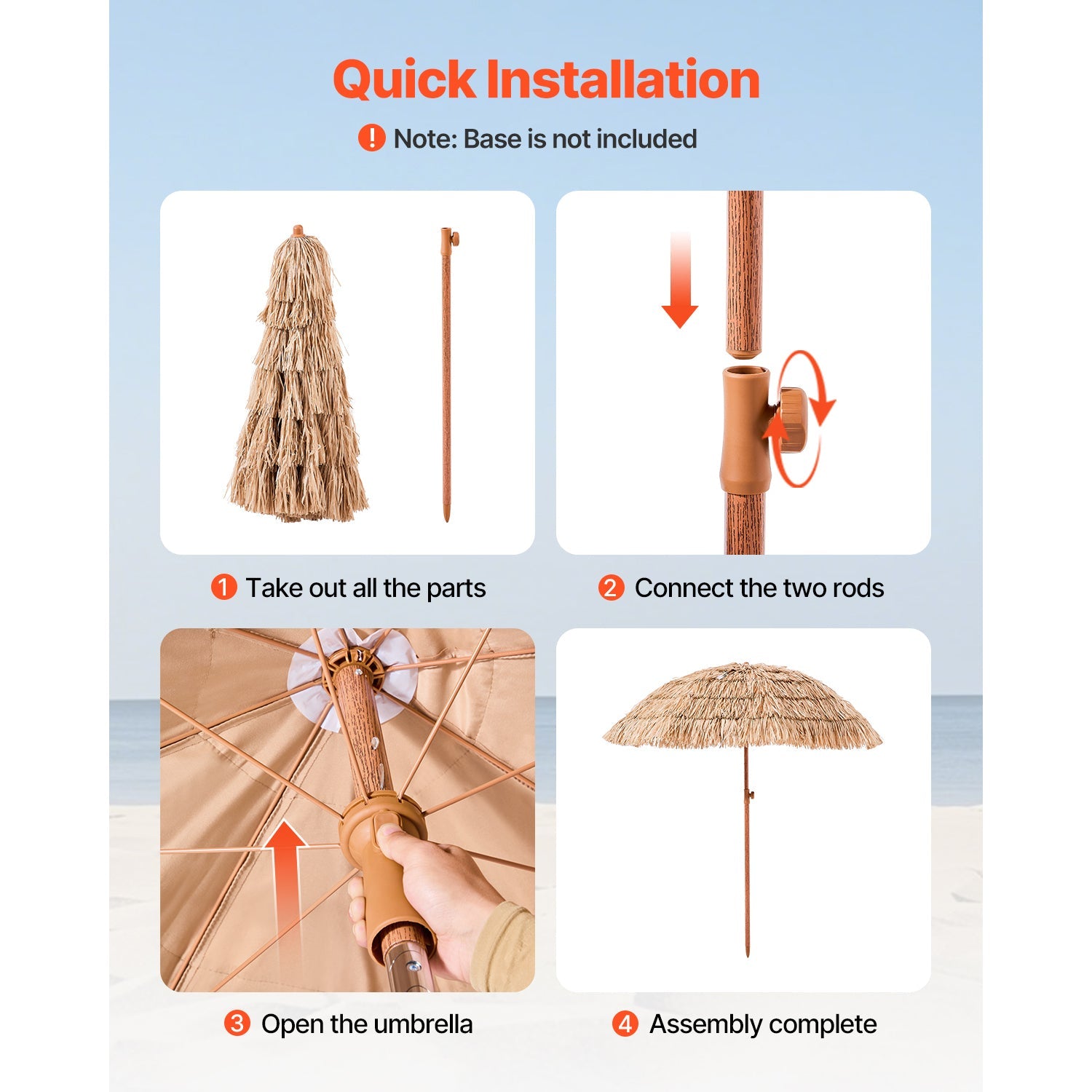 Patio Umbrella Tiki Thatched 6 Ft Tilt 30 Degree 8-Rib Polyester Poolside