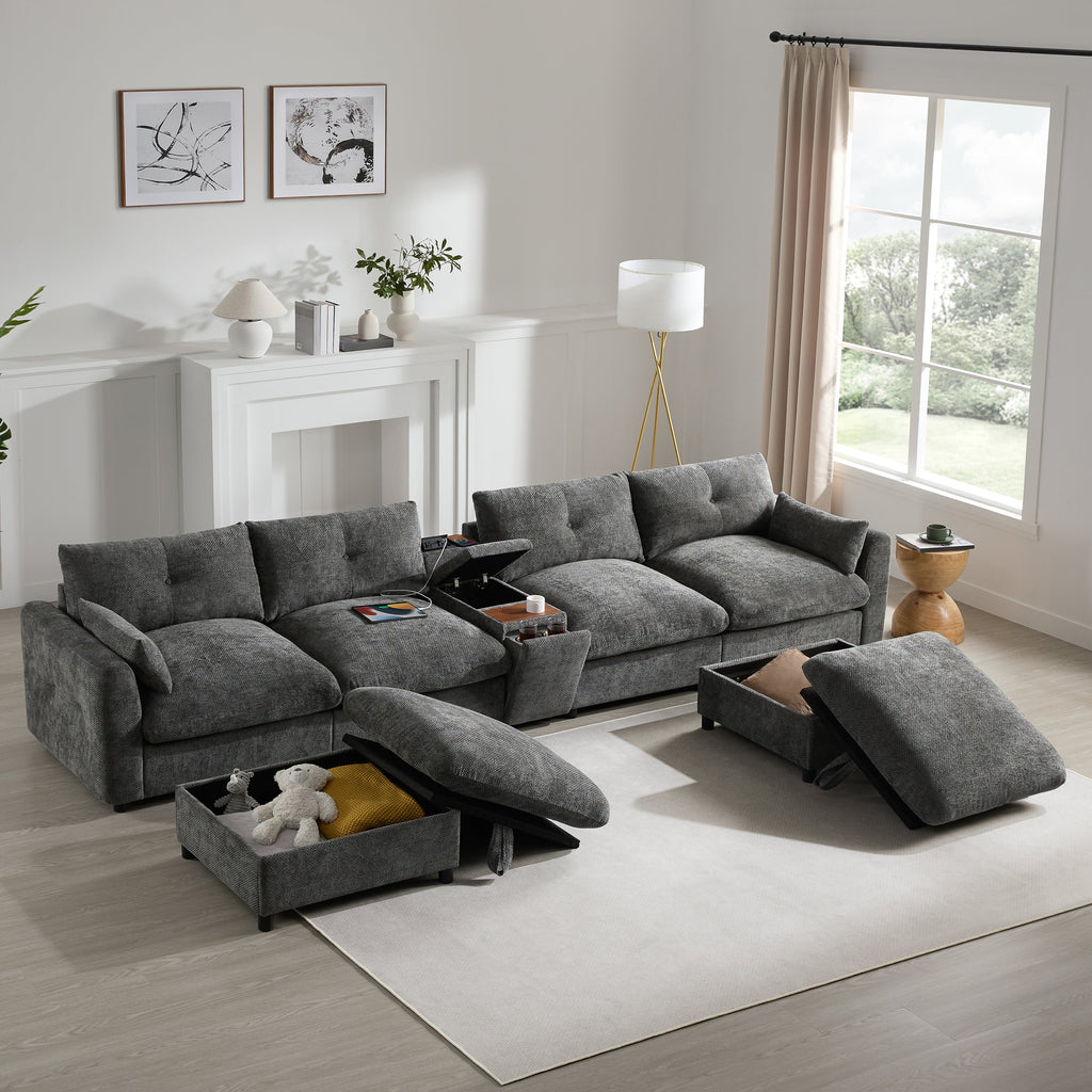 Sectional Sofa U-Shape Chenille Gray 6 Seat USB Console 136 In