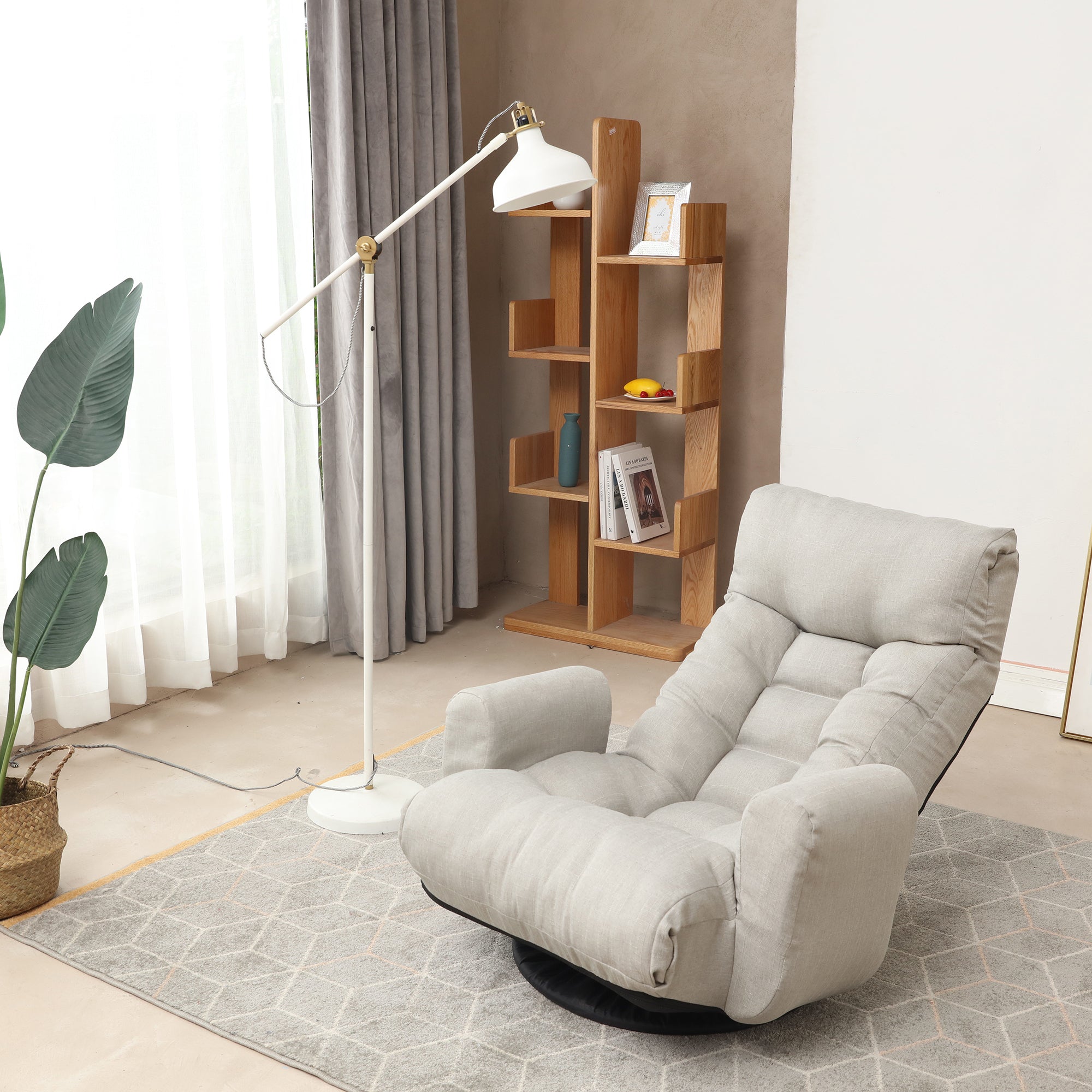 Floor Gaming Lounge Chair Swivel 360 Linen Gray 5-Position Adjustable 31x43 In