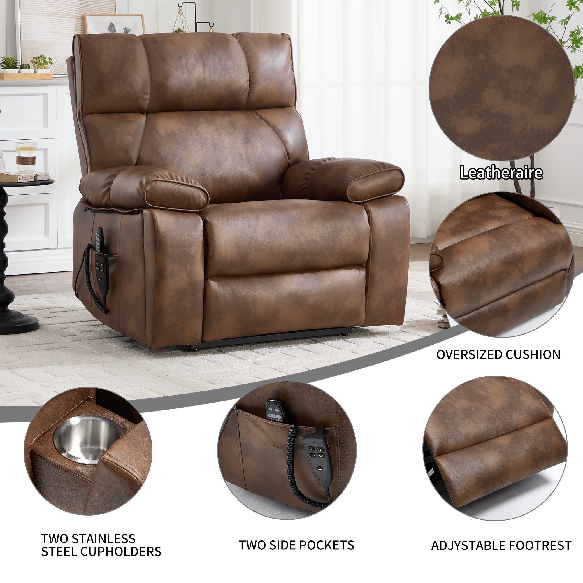 Lift Recliner Chair Power Faux Leather Brown Dual Motor Heat Massage 350 LB