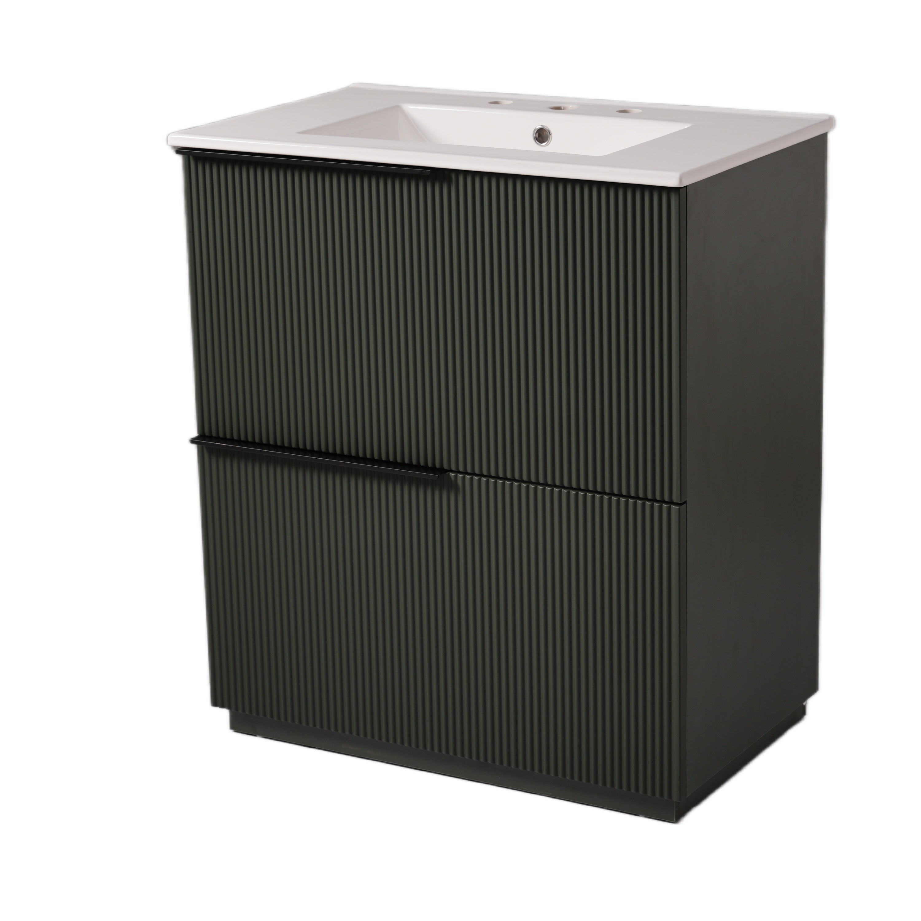 Green Fluted Bathroom Vanity with Ceramic Sink, 30' Full-Extension Drawers, S...