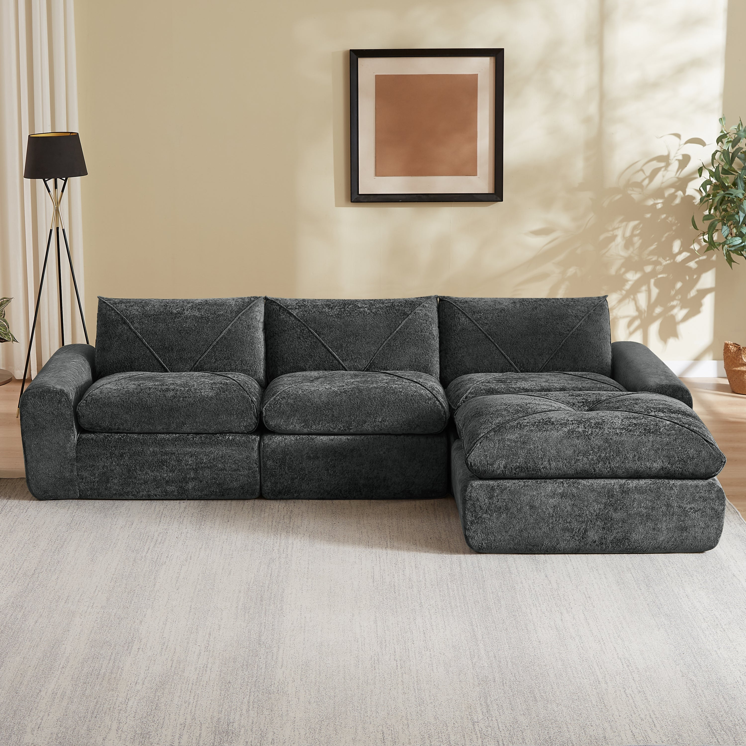 Sofa Modern Chenille Dark Gray 4 Seat Built-In Footrest 119 In