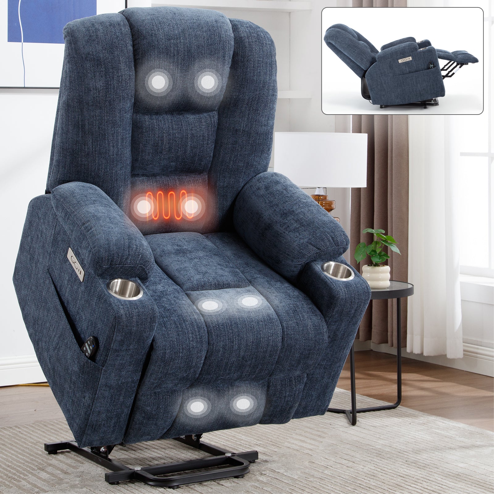 Lift Recliner Chair Power Chenille Blue Heat Massage USB Cup Holders 350 LB