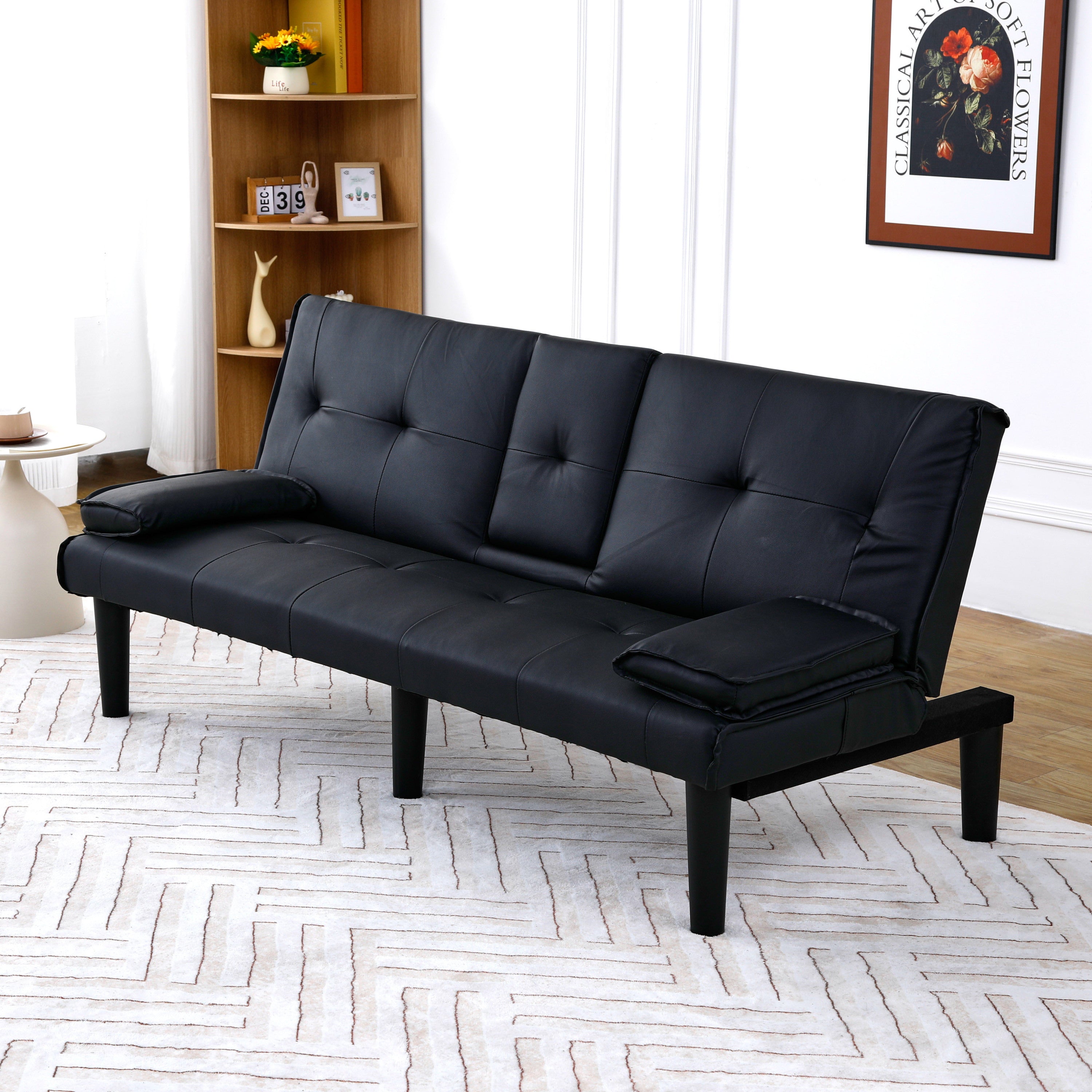 67-inch Black PVC Multi-Functional Sofa Bed with Foldable Design and Cup Holder