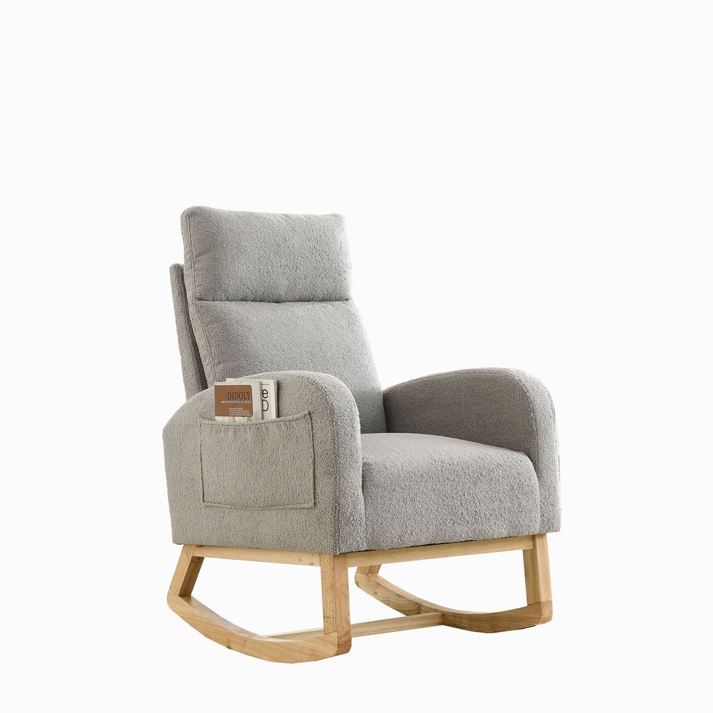 Gray Teddy Fabric Rocking Chair High Back Side Pockets 27.6