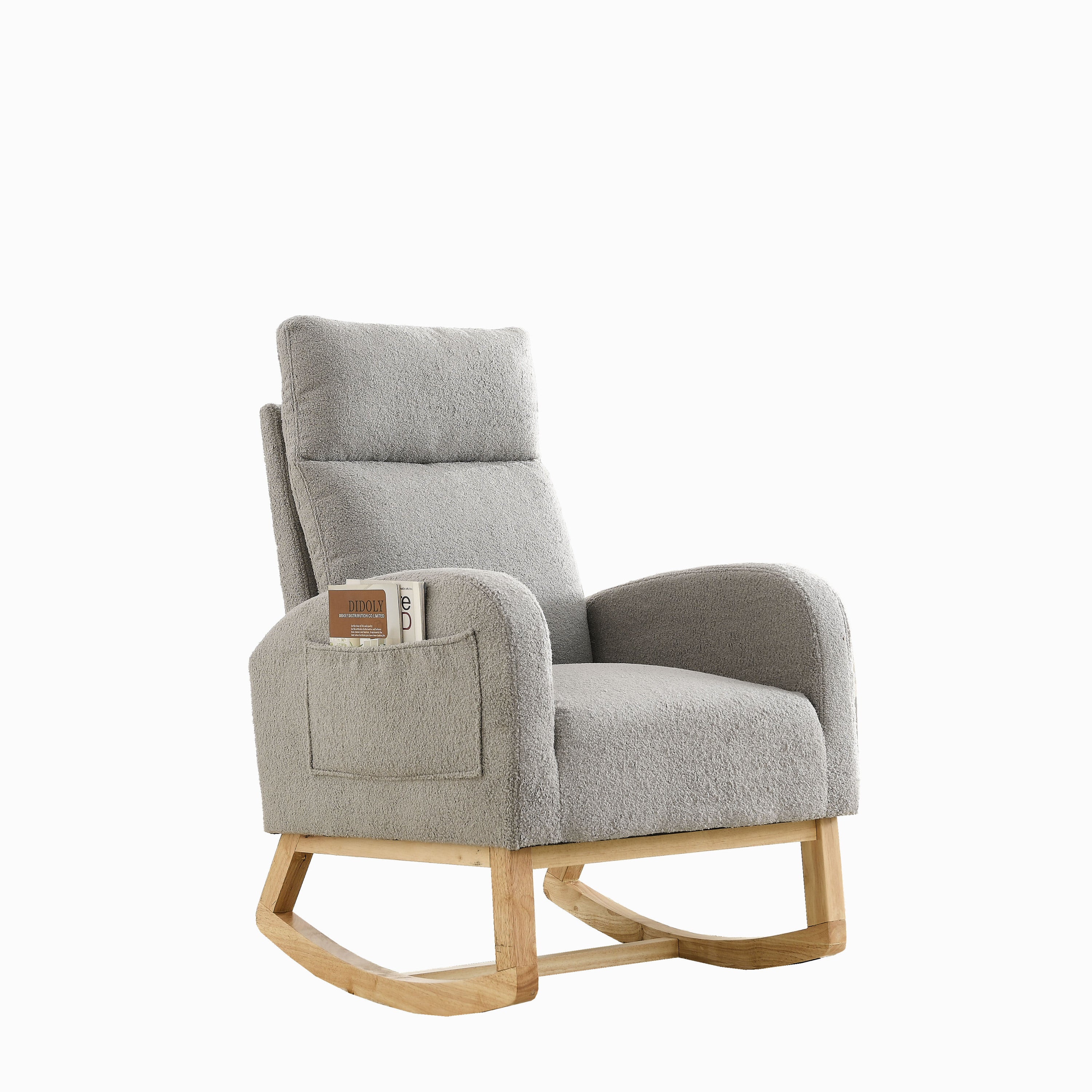 Gray Teddy Fabric Rocking Chair High Back Side Pockets 27.6