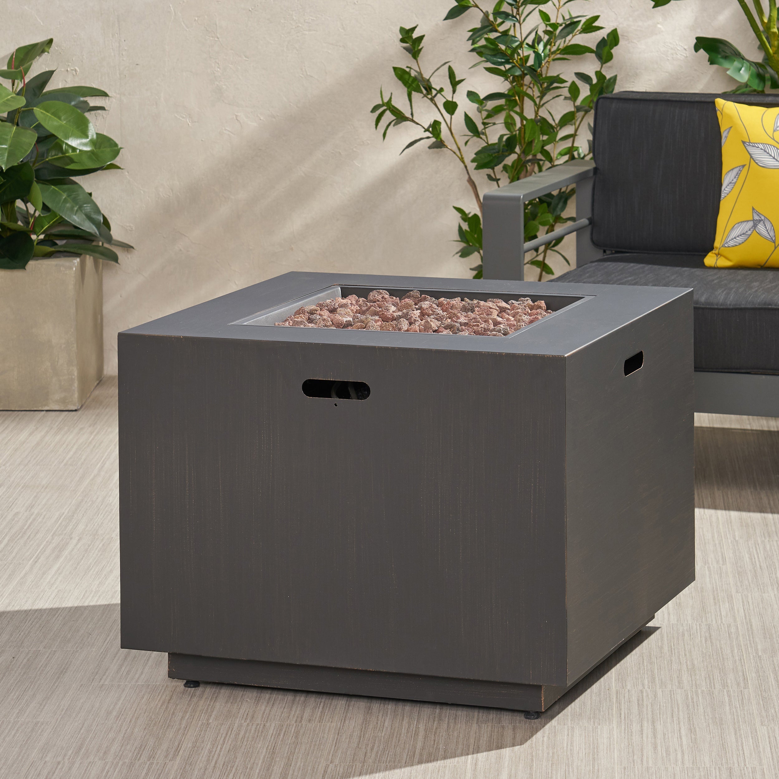 33' Outdoor Iron Square Propane Fire Pit, Tank Inside, Brushed Brown 50,000 BTU