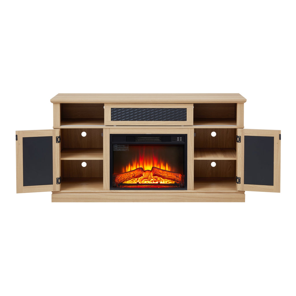 TV Stand Fireplace Light Oak MDF Embossed Doors 1400W Fits 65 In TV 58.27 In