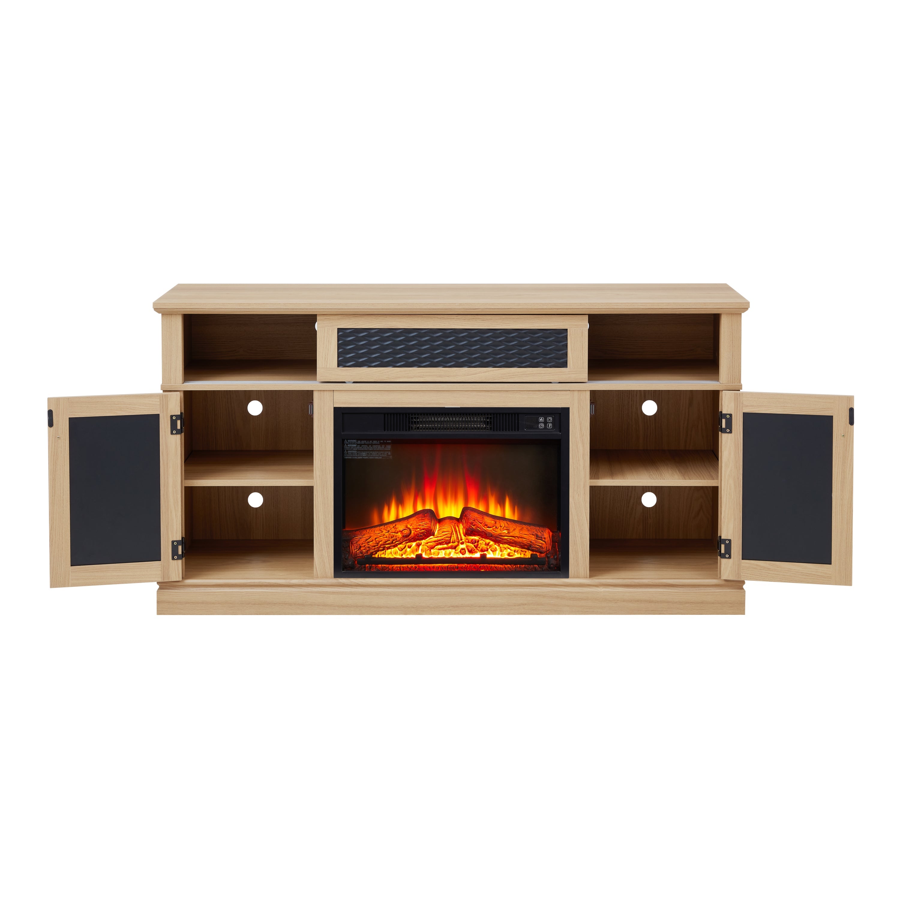 TV Stand Fireplace Light Oak MDF Embossed Doors 1400W Fits 65 In TV 58.27 In