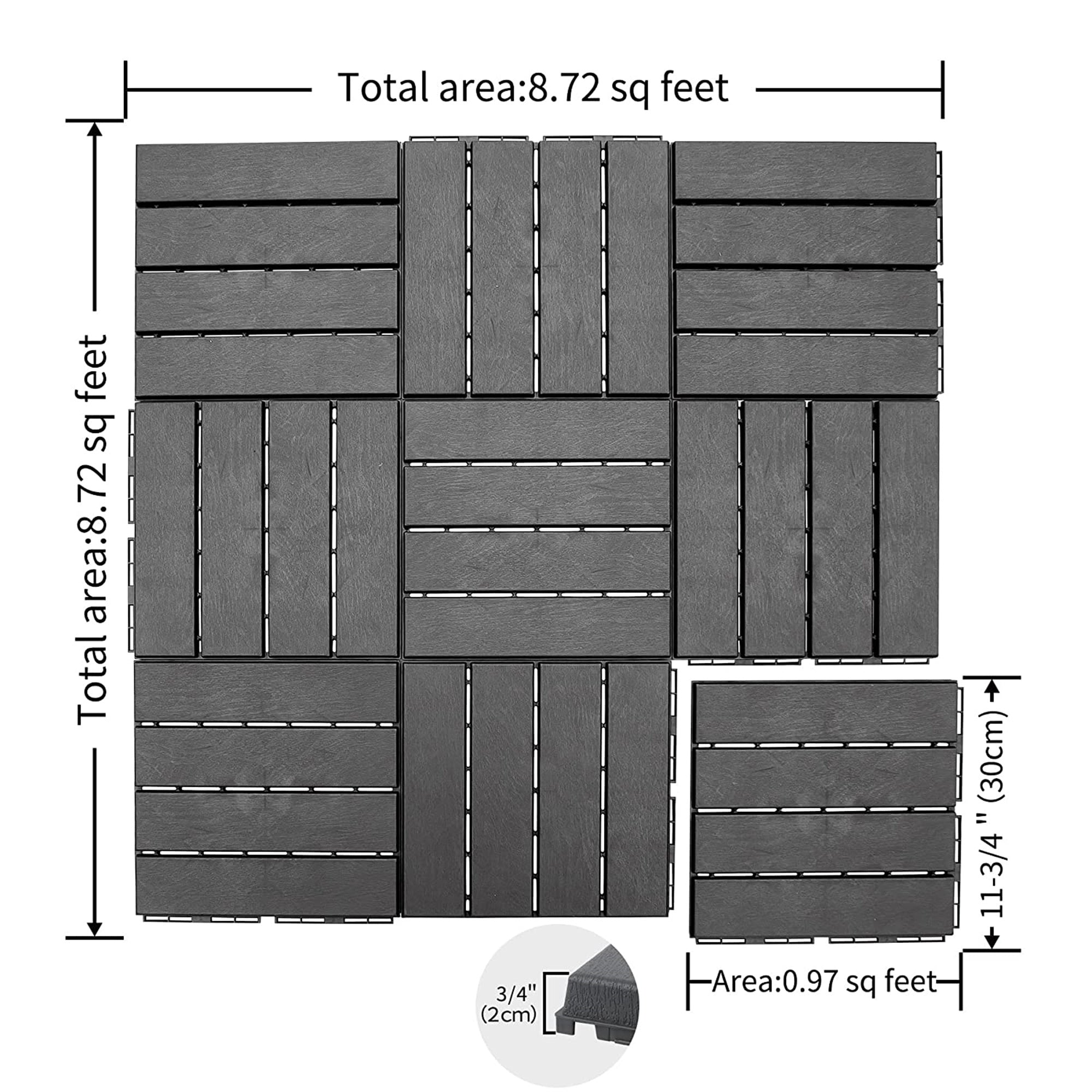 Outdoor Deck Tiles Composite Dark Gray 12" Interlocking Pack 9