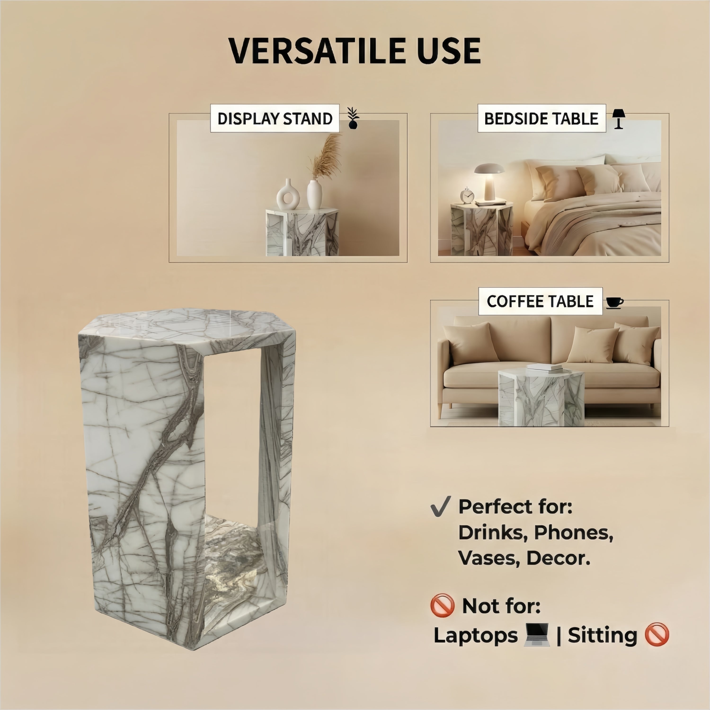 White Marble Hexagon Side Table, 15.7 in, Geometric Stone, Polished Pedestal