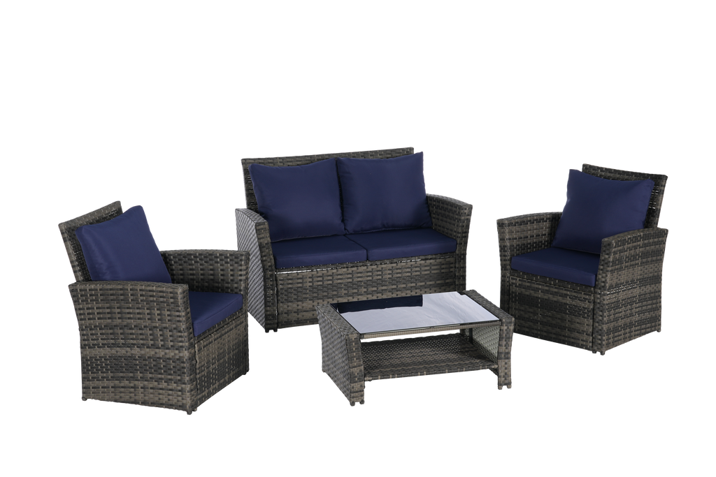 Outdoor Patio Set PE Rattan Steel Dark Blue 4 Piece Glass Seats 4