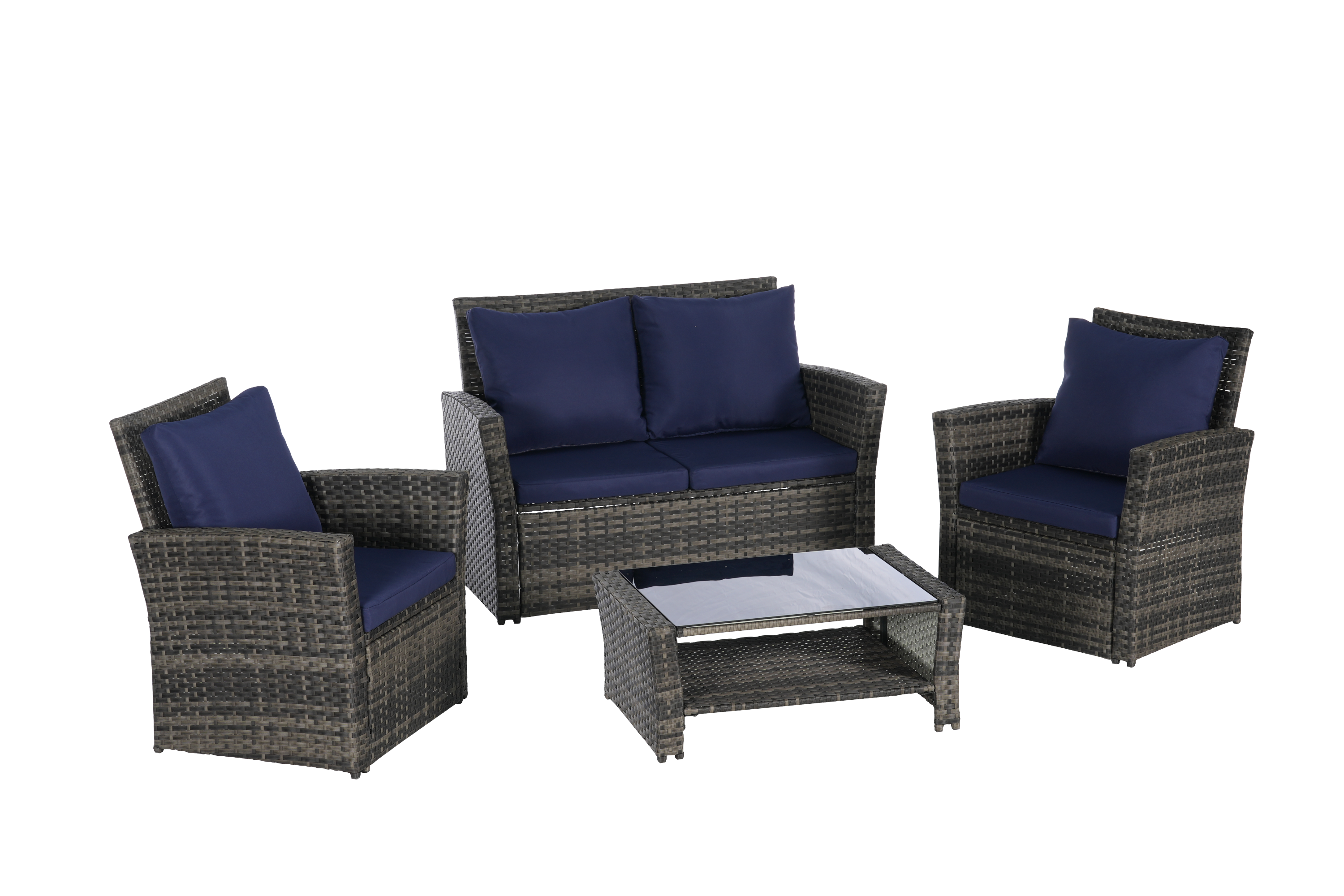 Outdoor Patio Set PE Rattan Steel Dark Blue 4 Piece Glass Seats 4