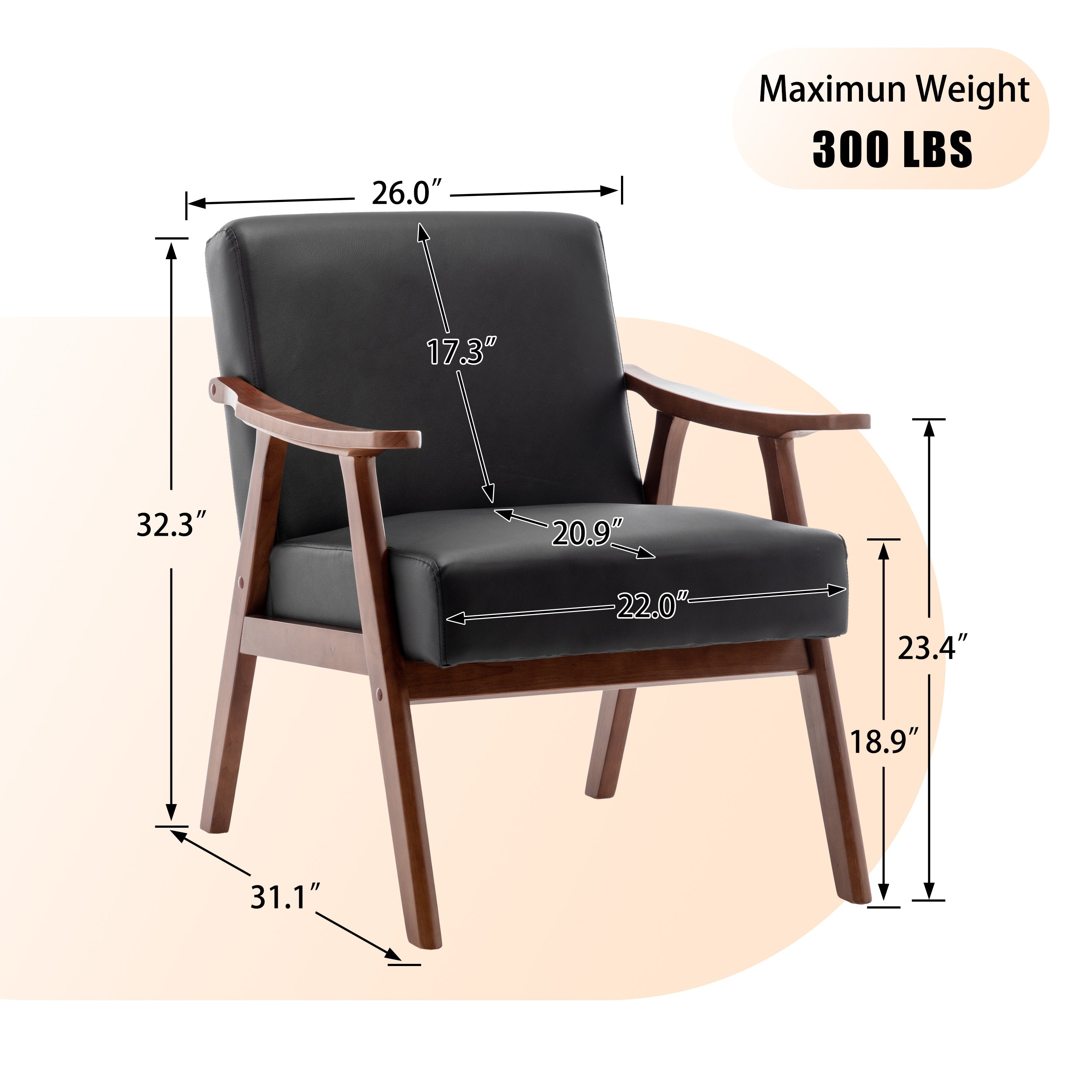 Mid-Century Wingback Accent Chair Black PU Leather 26x31x32