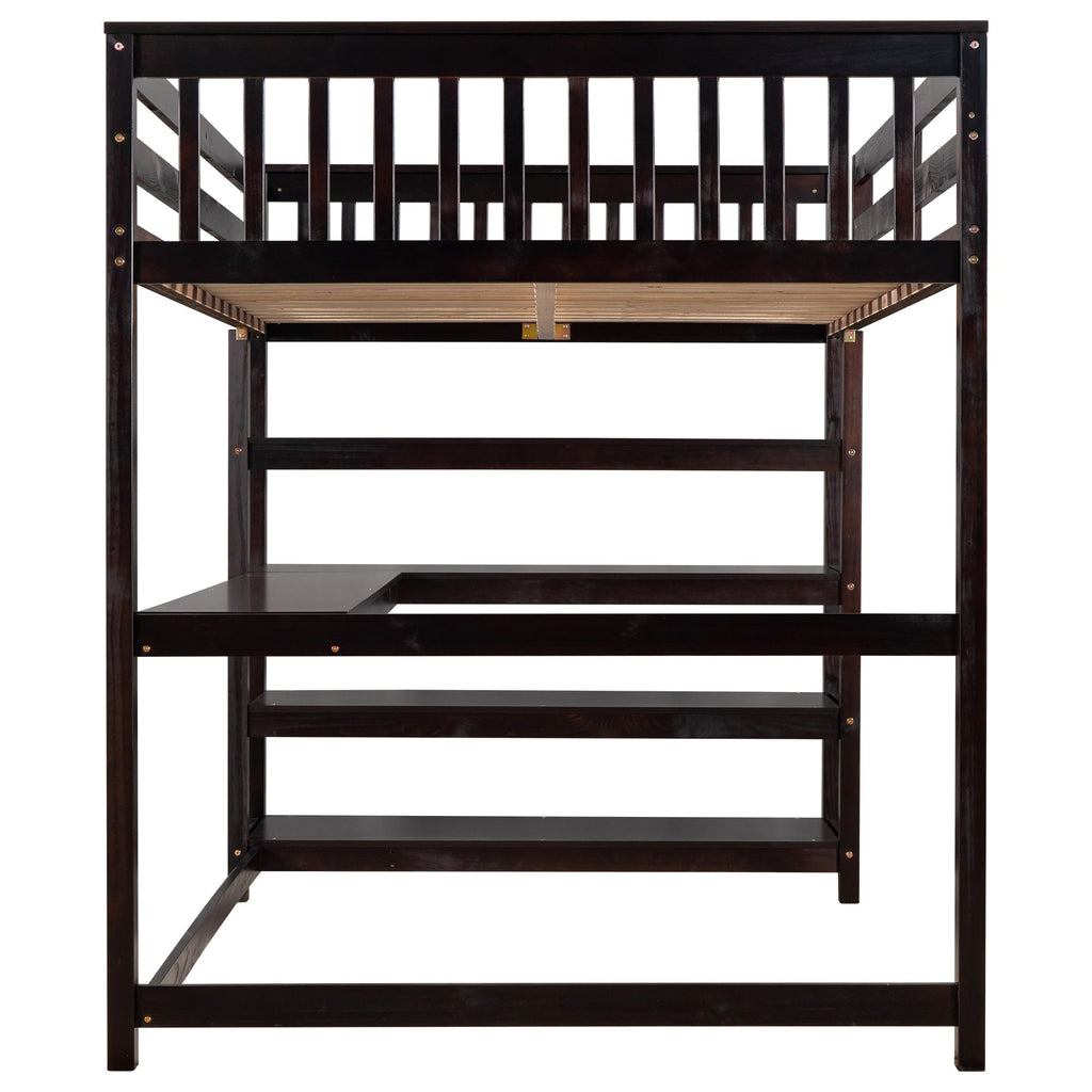 Espresso Full Size Loft Bed with Storage Shelves and Under-bed Desk, Solid Pi...