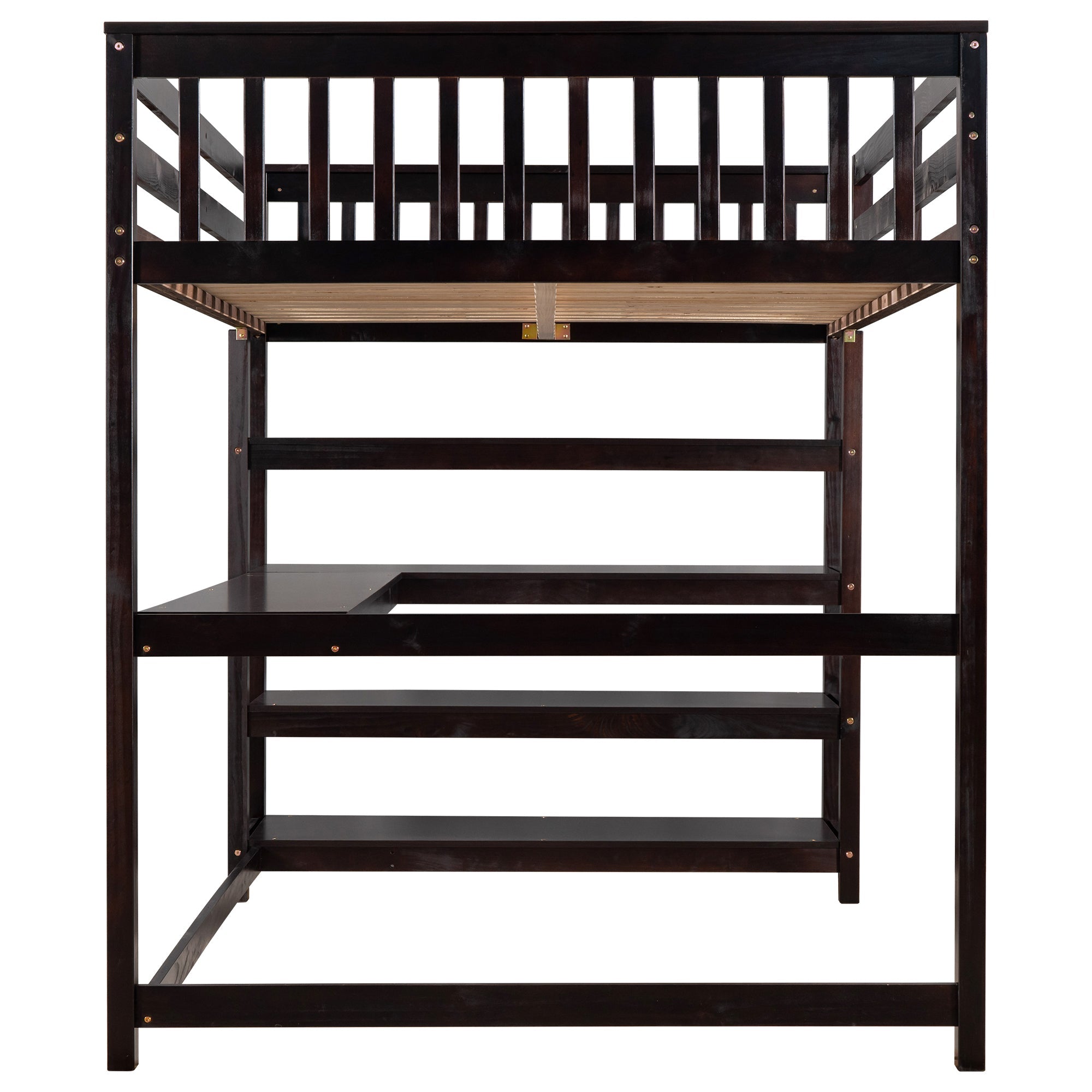 Espresso Full Size Loft Bed with Storage Shelves and Under-bed Desk, Solid Pi...