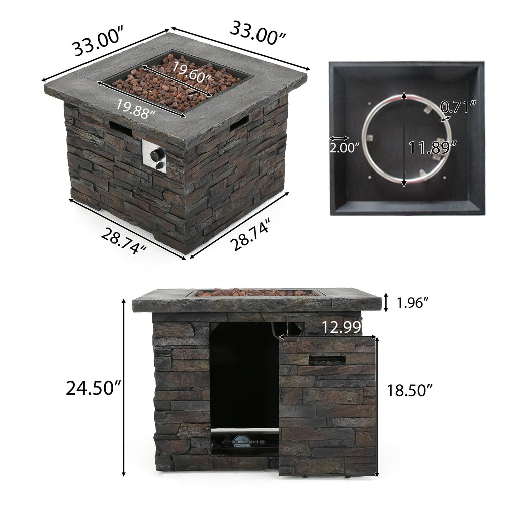 33 in Square MGO Fire Pit 40,000 BTU, Stone Gray Finish with Built-In Tank Space