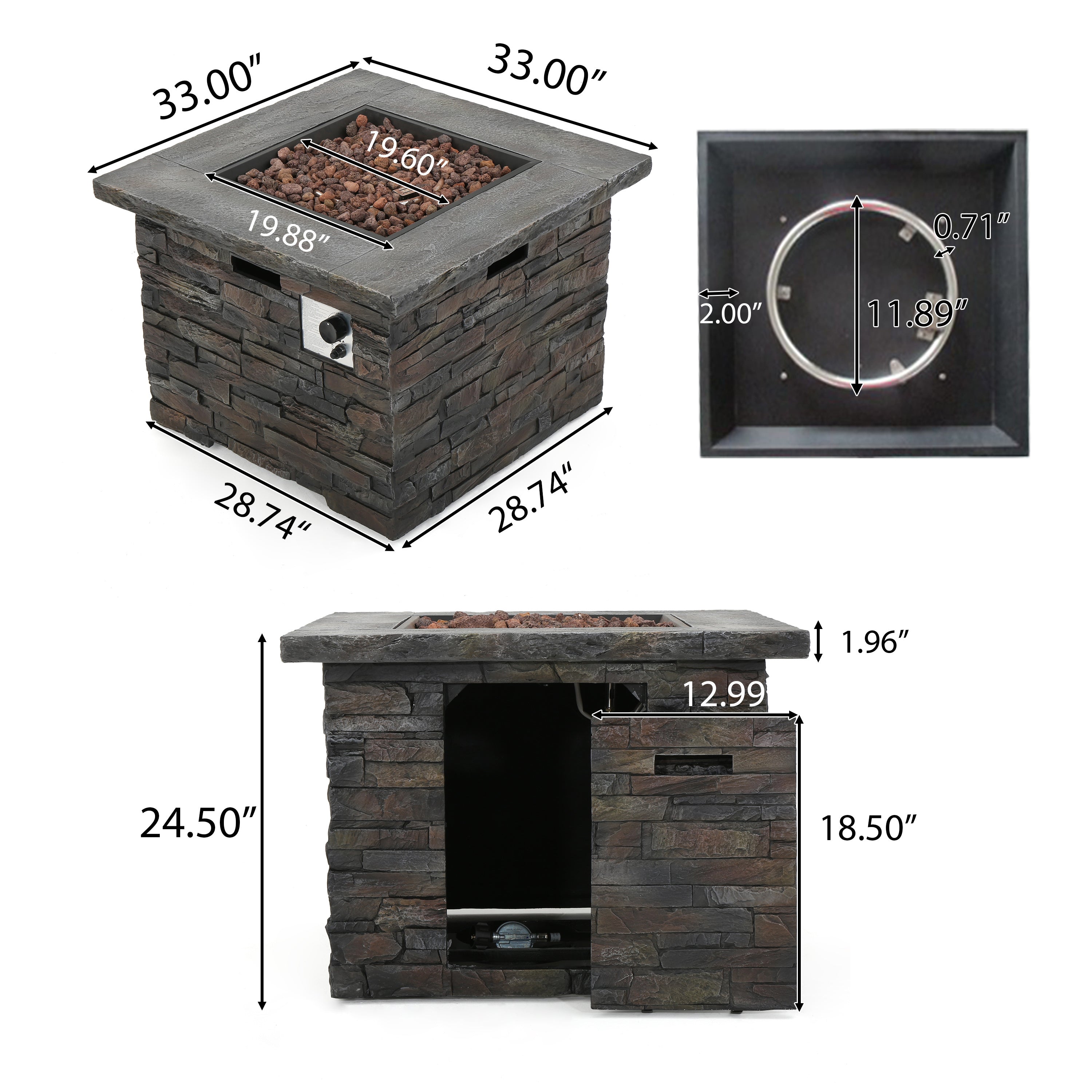 33 in Square MGO Fire Pit 40,000 BTU, Stone Gray Finish with Built-In Tank Space