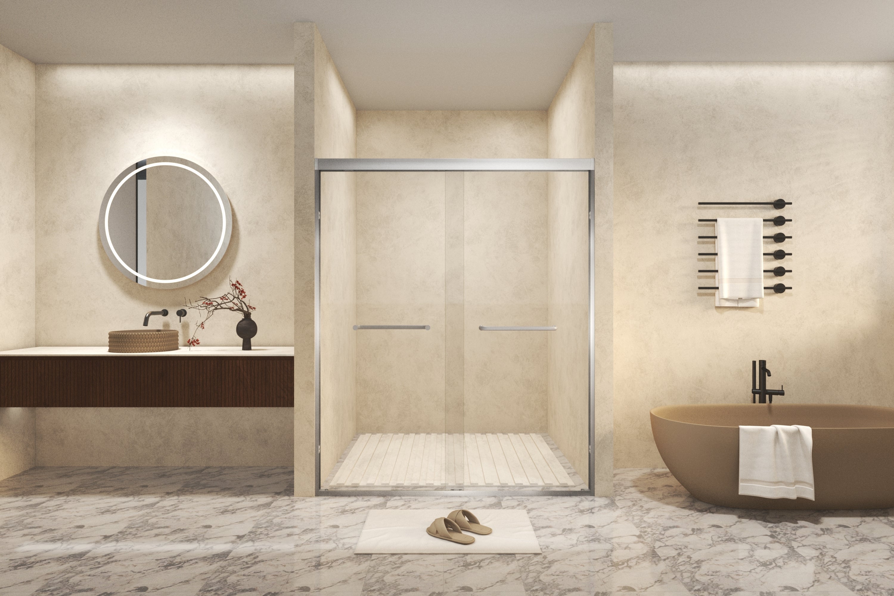 56-60in x 72in Aluminum Frame Double Sliding Shower Door, Brushed Nickel, 6mm