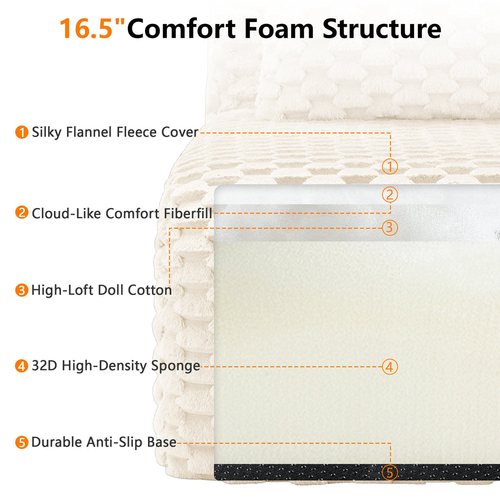 Sectional loveseat L-Shape Flannelette Cream 2 Seat with Ottoman 82 In