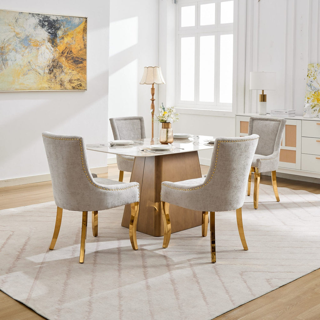Chenille Dining Chairs, Modern Style with Curved Gold - Plated Legs & Rivet