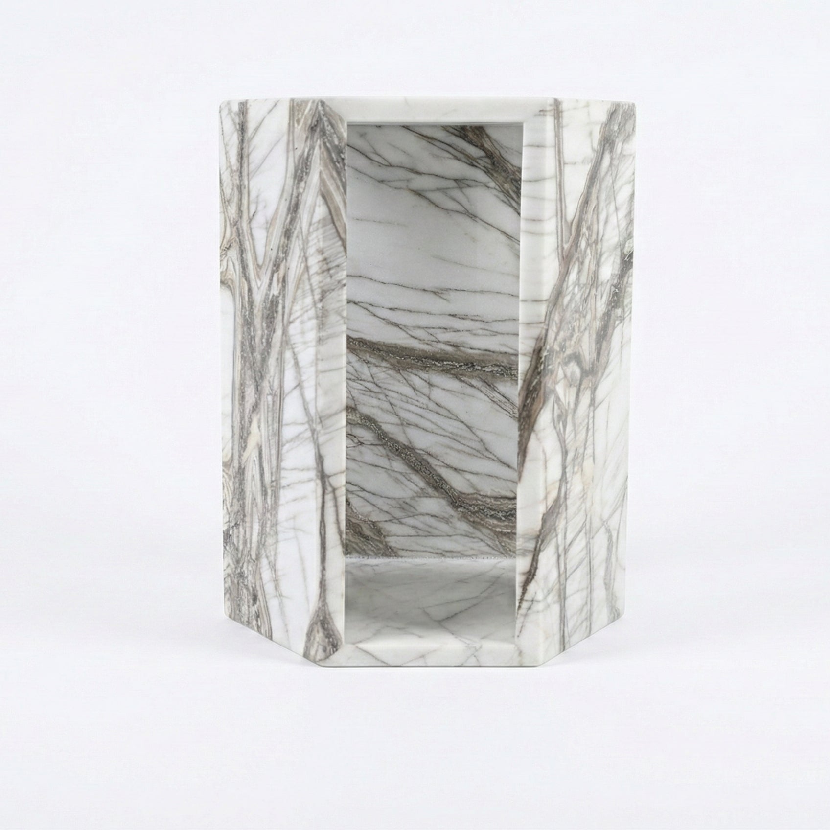 White Marble Hexagon Side Table, 15.7 in, Geometric Stone, Polished Pedestal