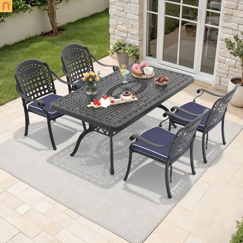 Outdoor Dining Set Cast Aluminum 5 Piece Stackable Black Blue Cushions