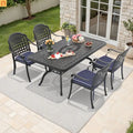 Outdoor Dining Set Cast Aluminum 5 Piece Stackable Black Blue Cushions