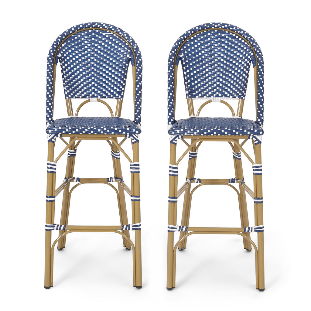 Outdoor PE Rattan French Barstool Set, Dark Teal and White, Aluminum Frame,