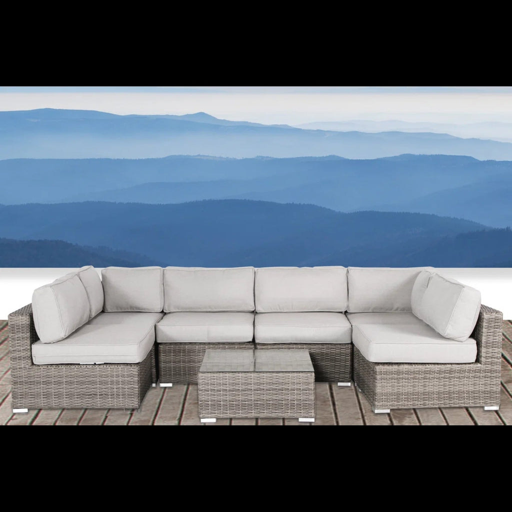 Outdoor Sectional Patio Set Wicker Gray Brown 7 Piece with Glass Table Seats 4