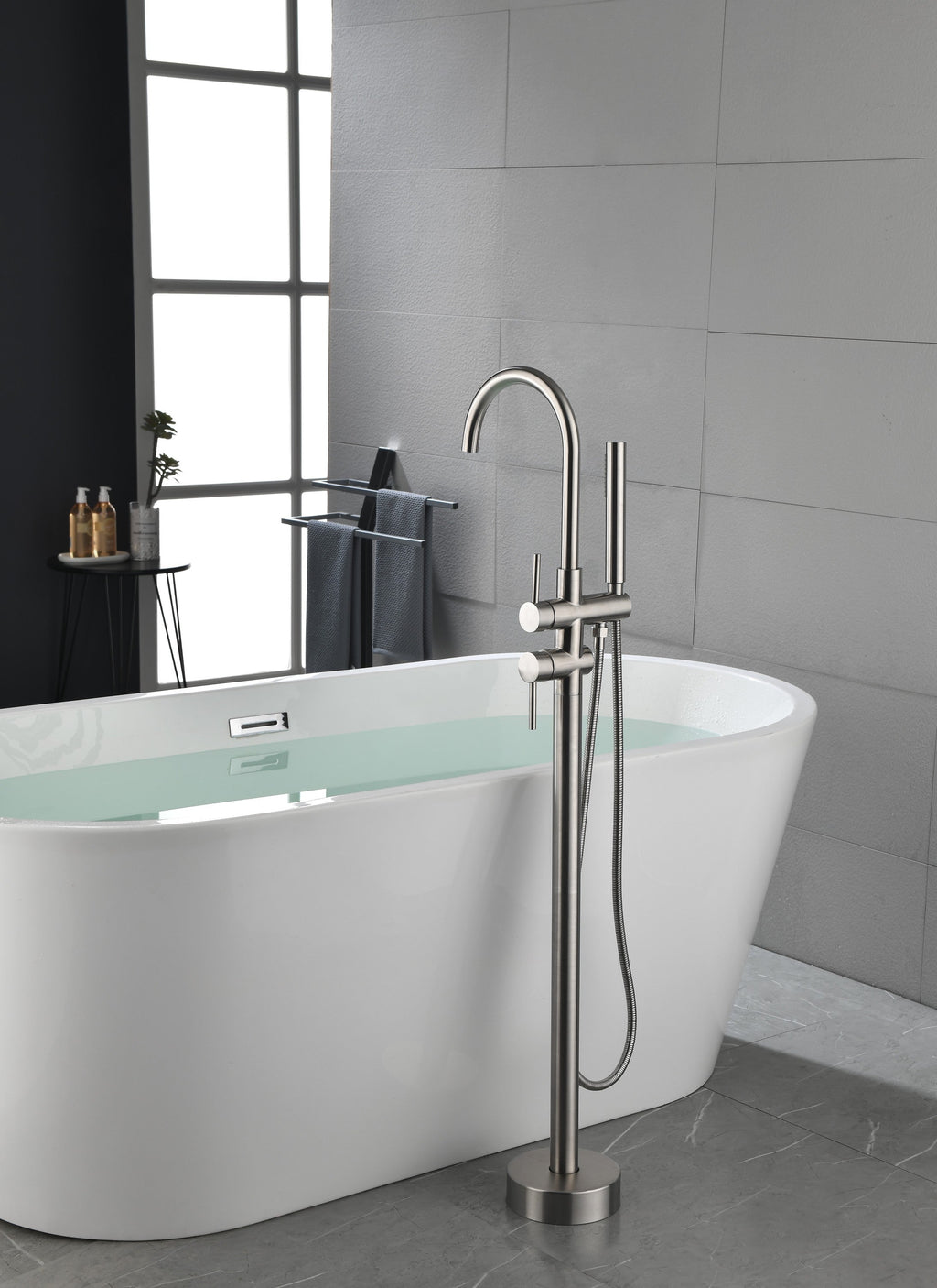 Floor Mounted Tub Faucet High Flow Freestanding Tub Filler with Handheld Shower Swivel