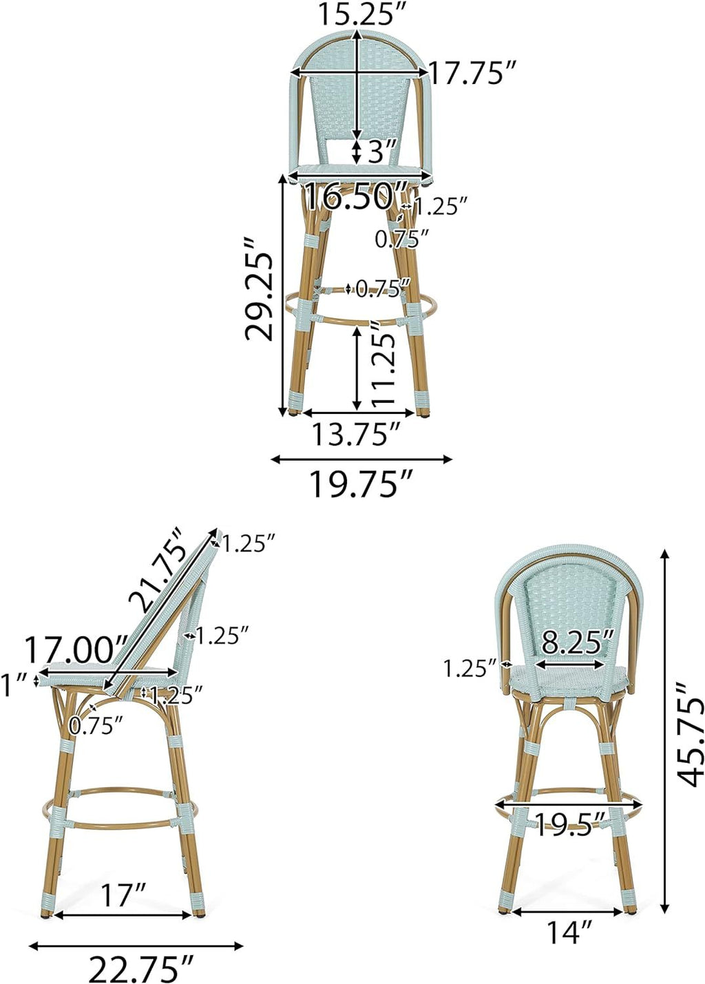 29.5 Inch Outdoor PE Rattan Aluminum French Barstools, Set of 2, Light Teal