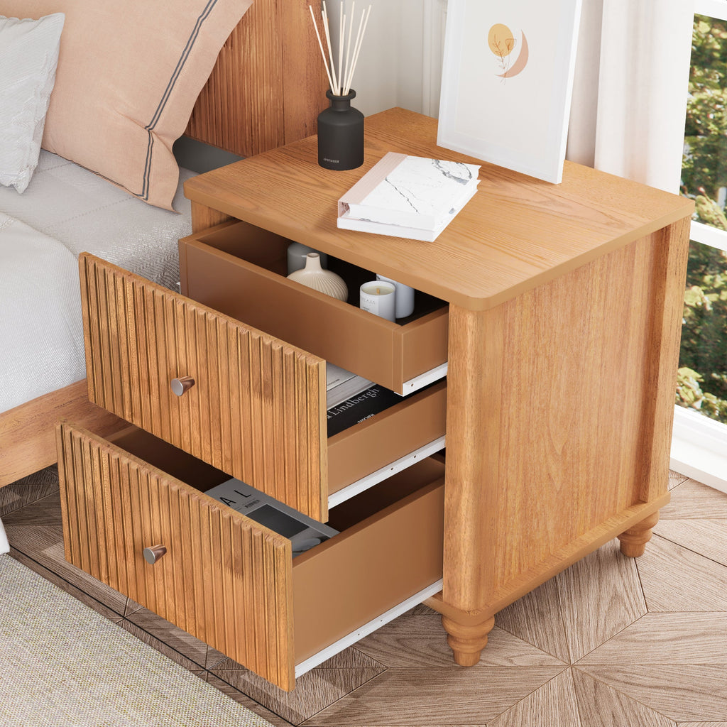 Mid Century Fluted Nightstand with 3 Drawers, 21.65 in Wide, Natural