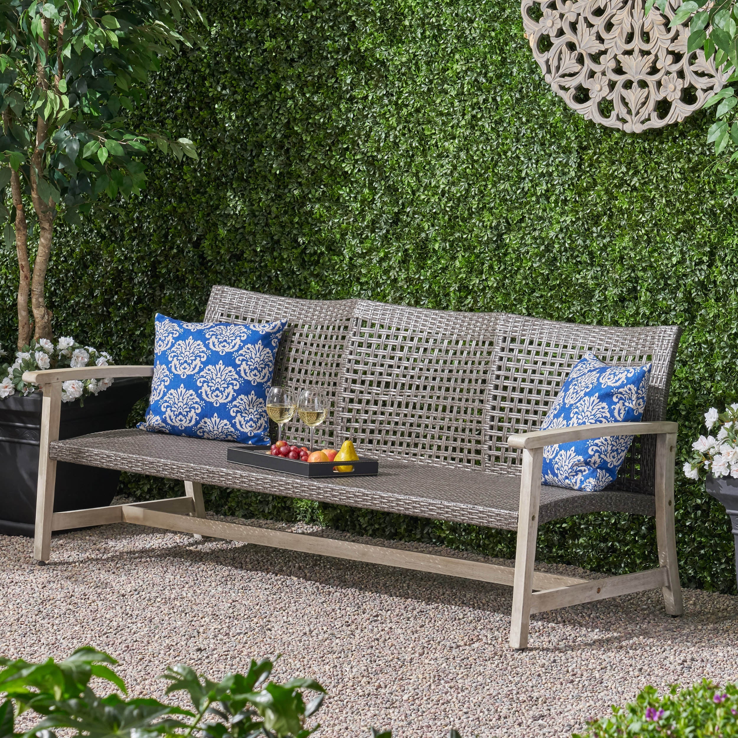 Outdoor Sofa Acacia Wood Wicker 3 Seater Gray 75.5in