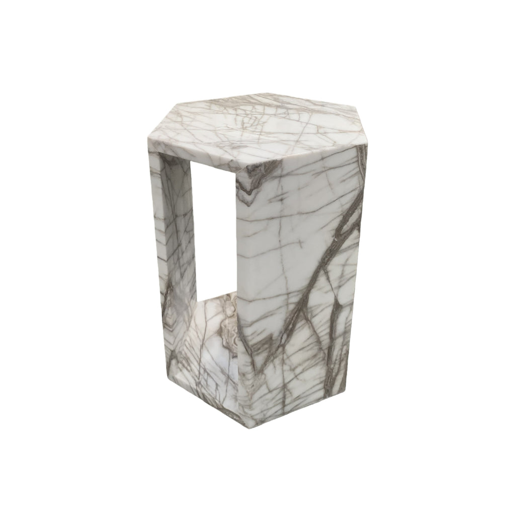 White Marble Hexagon Side Table, 15.7 in, Geometric Stone, Polished Pedestal