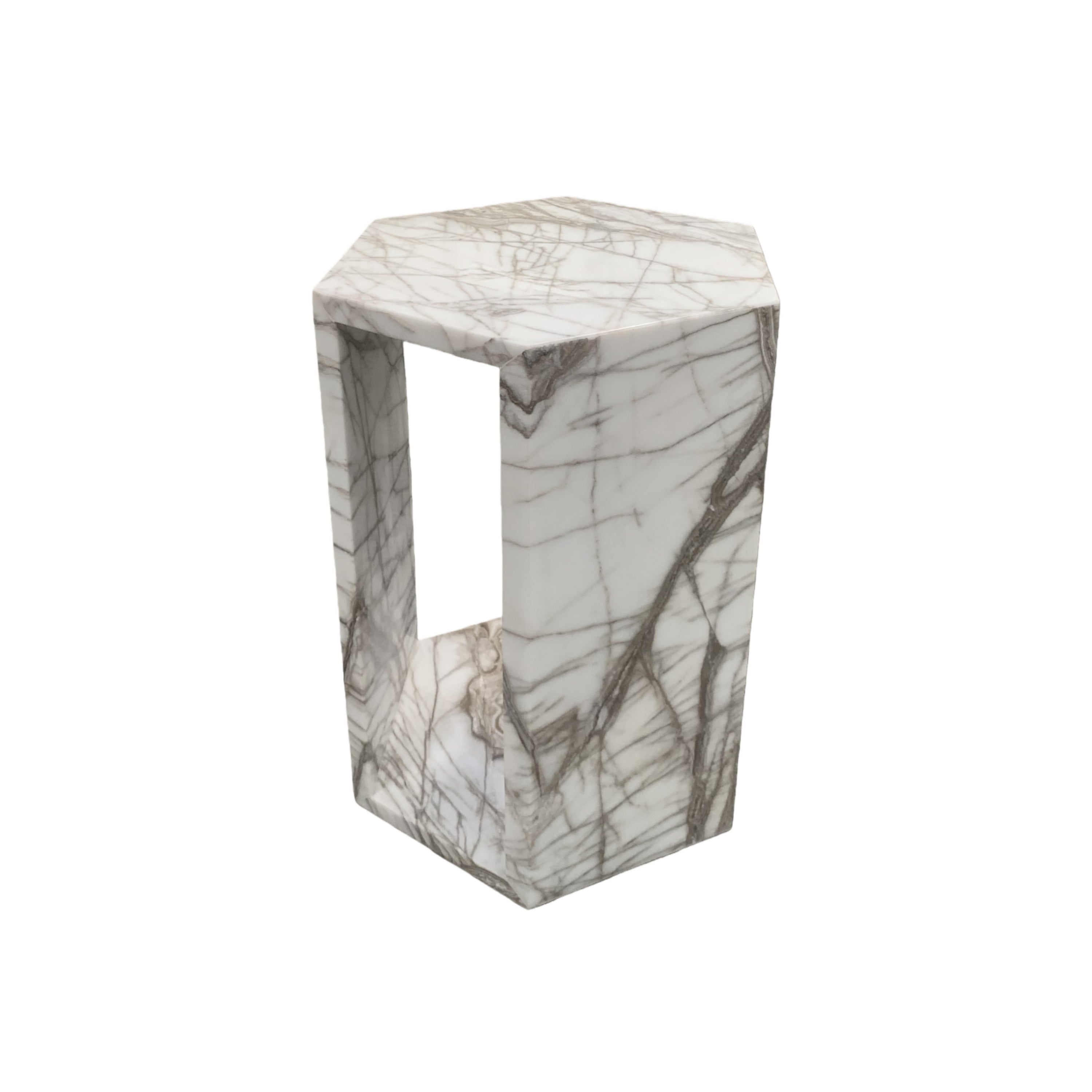 White Marble Hexagon Side Table, 15.7 in, Geometric Stone, Polished Pedestal