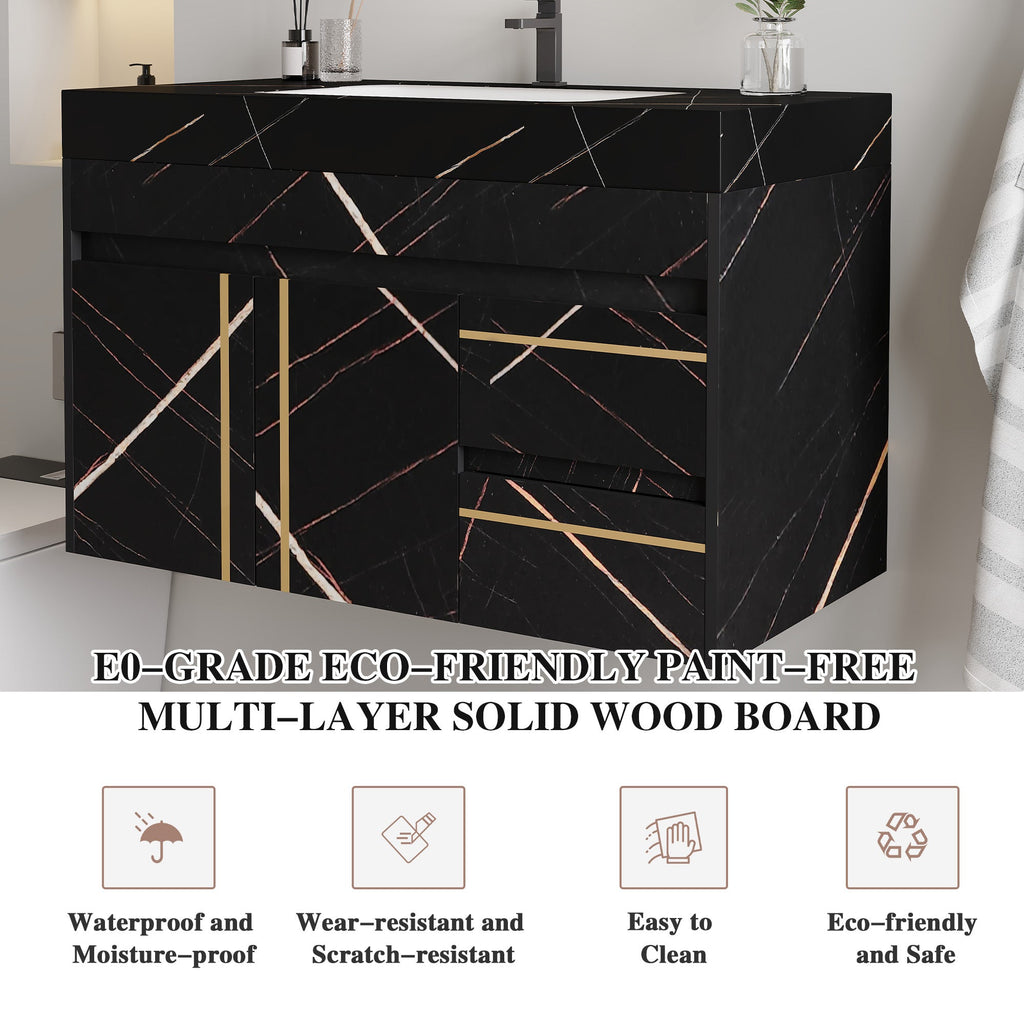 35.2 in Floating Bathroom Vanity with Sink and Faux Marble Top