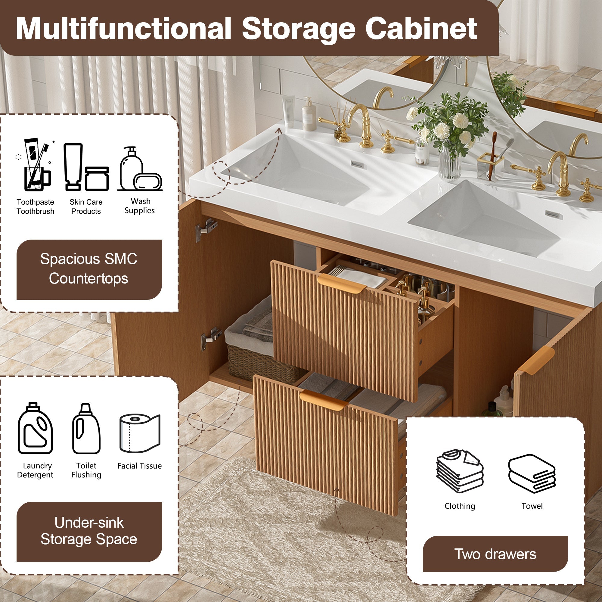 Modern 47.24 Inch Double Sink Bathroom Vanity with SMC Top, MDF Cabinet