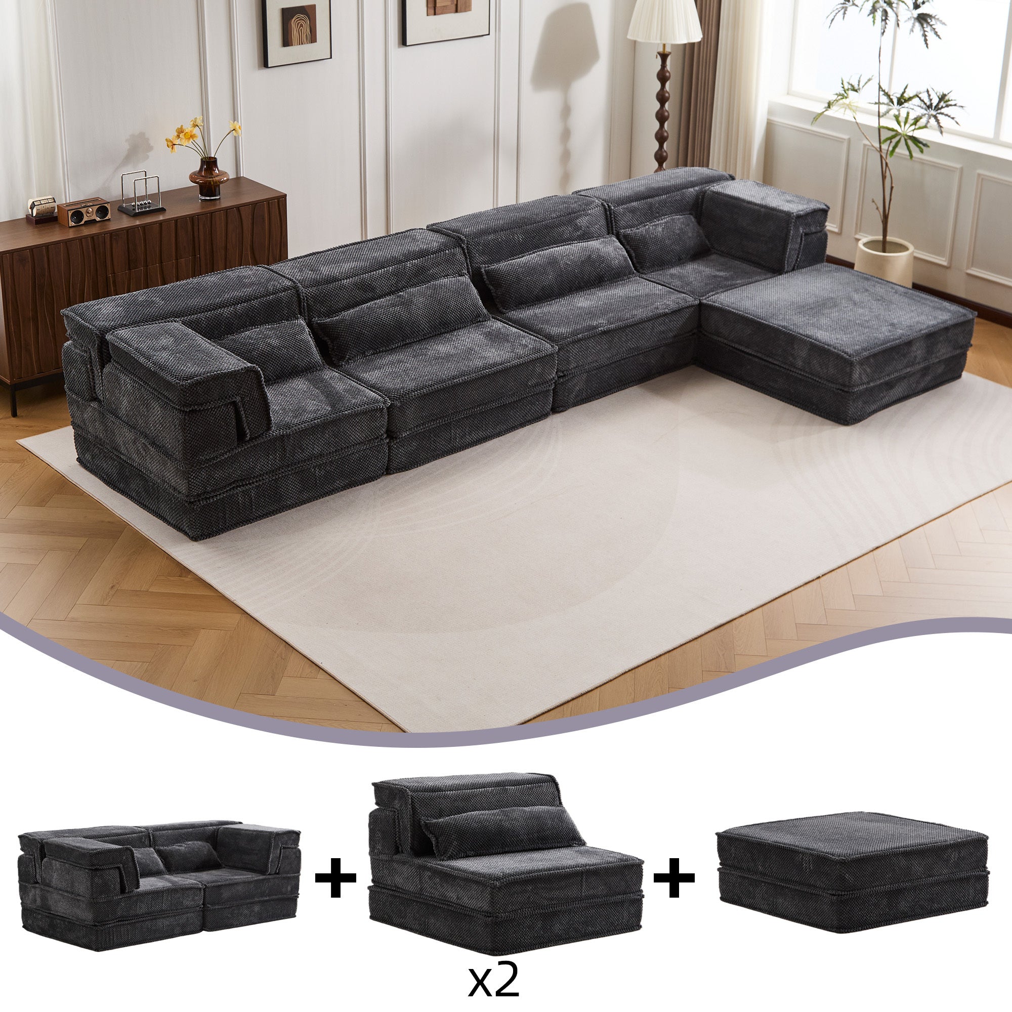 Sectional Sofa Modular Circle Fleece Dark Gray 4 Seat Ottoman 157 In