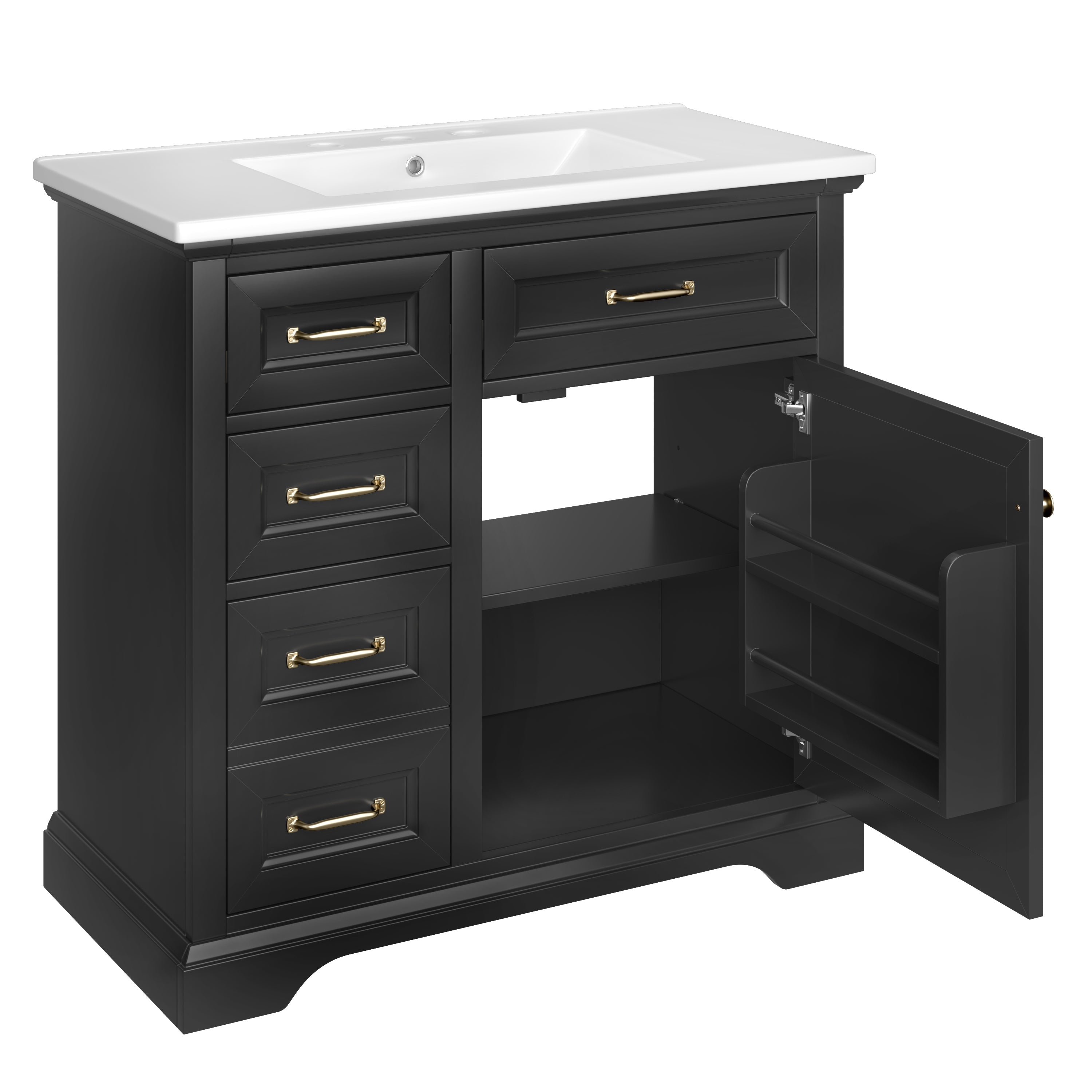 36-Inch Bathroom Vanity with Ceramic Sink Top, 4 Drawers and 1 Soft-Close Door