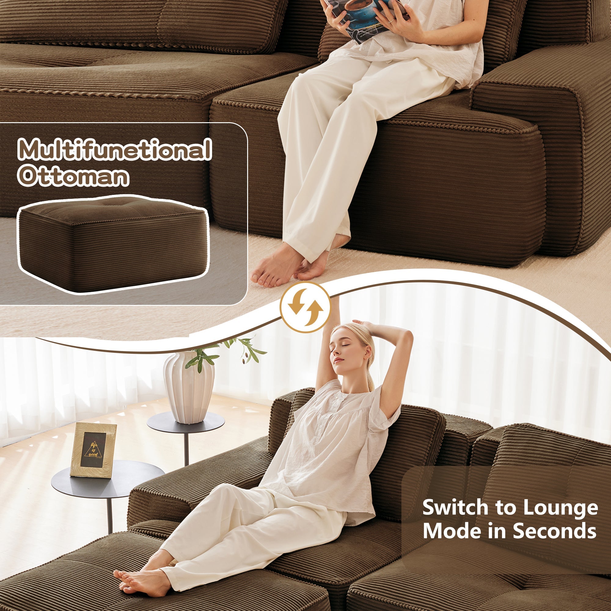 Sectional loveseat L-Shape Corduroy Brown 2 Seat Modular with Ottoman 82 In