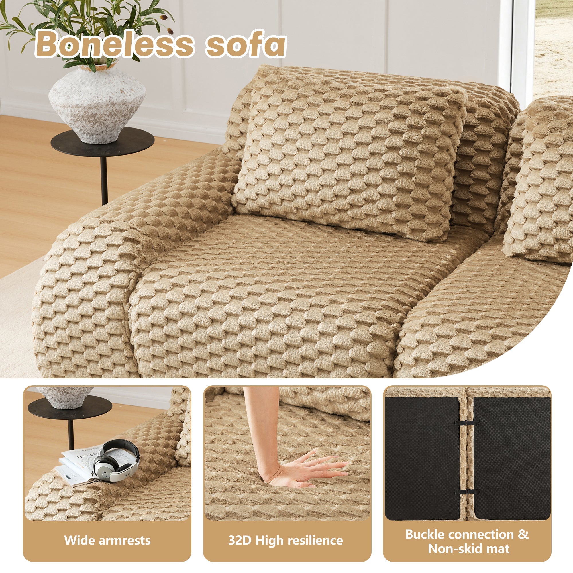 Sectional Sofa L-Shape Modular Flannelette Light Camel 2 Seat 82 In