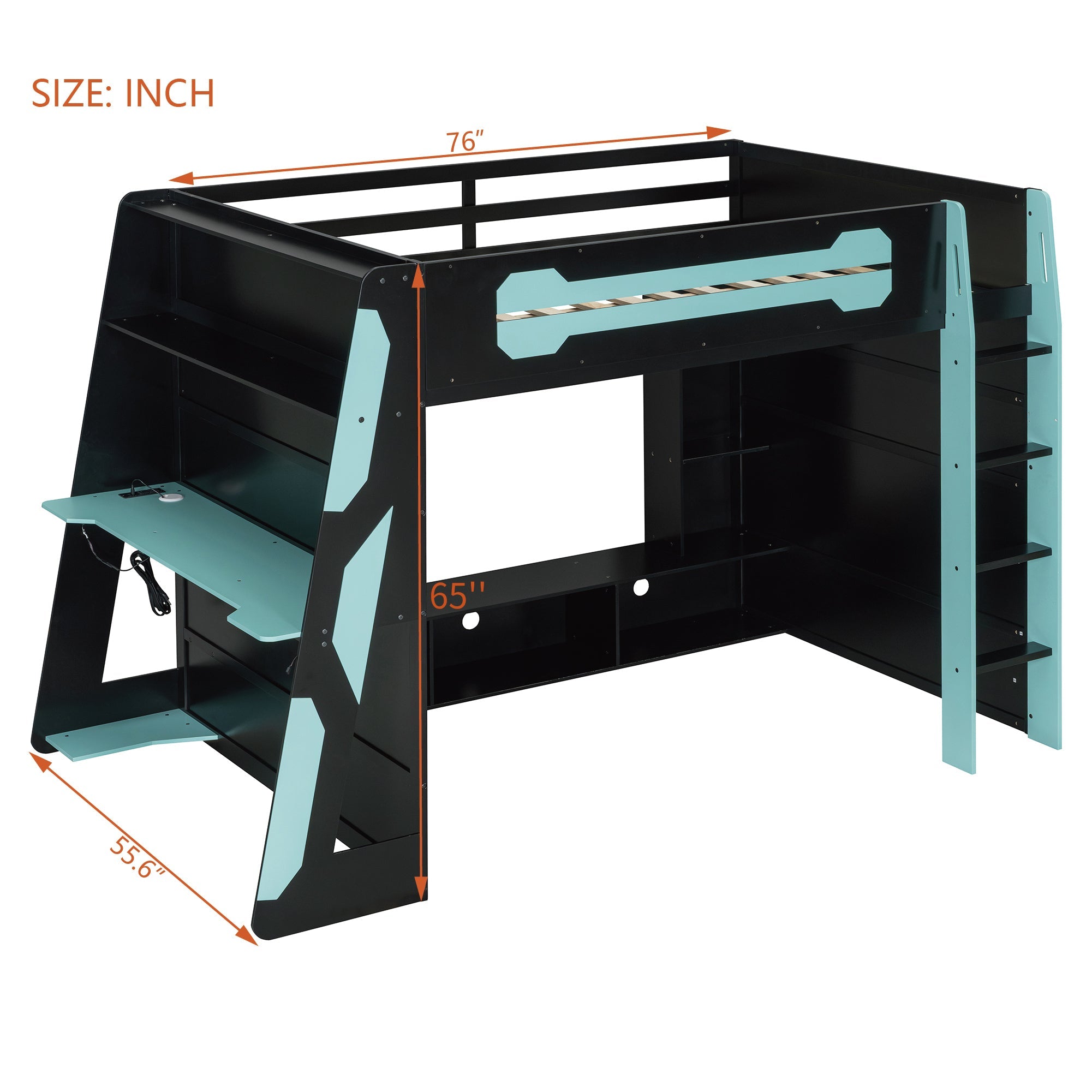 Full Size Wood Loft Bed with Desk, Multi-storage Shelves and RGB Light, Cloud