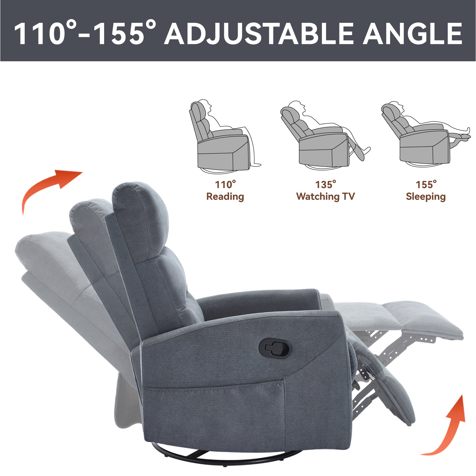 Manual Recliner Chair with Rocker and Swivel in Fabric for Living Room, Grey