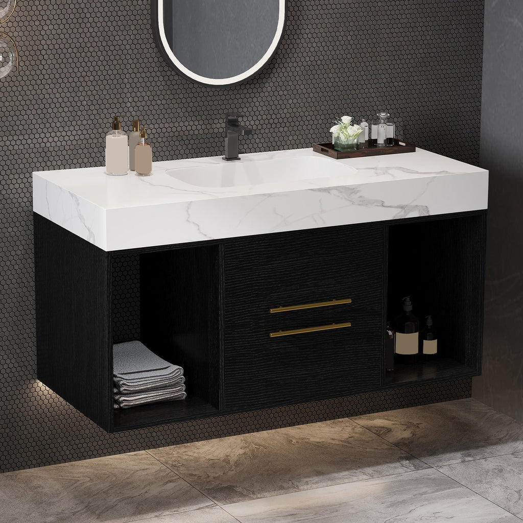 39.4' Floating Bathroom Vanity with Ceramic Sink, 2 Drawers and 2 Open Shelves