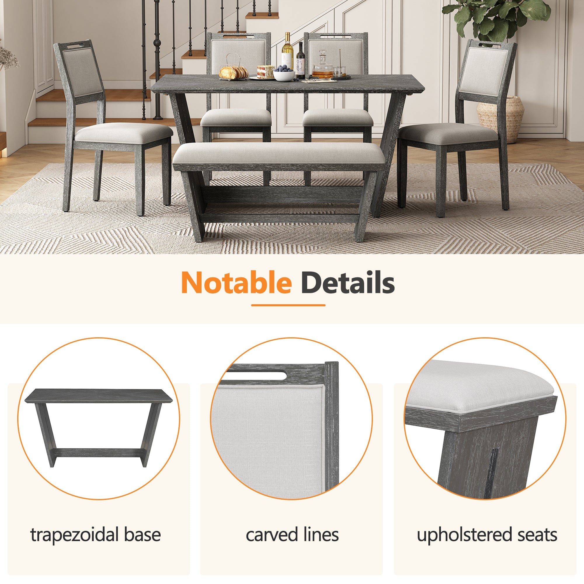 6-Piece Retro Dining Table Set for 6, 60' Wood Kitchen Table and Chairs Set of