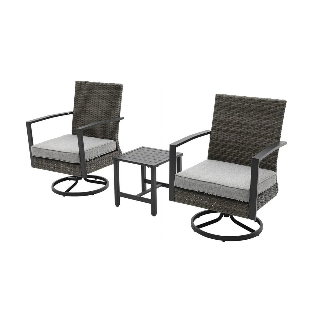 Outdoor Bistro Set Rattan Swivel Rocker Gray 3 Piece with Side Table