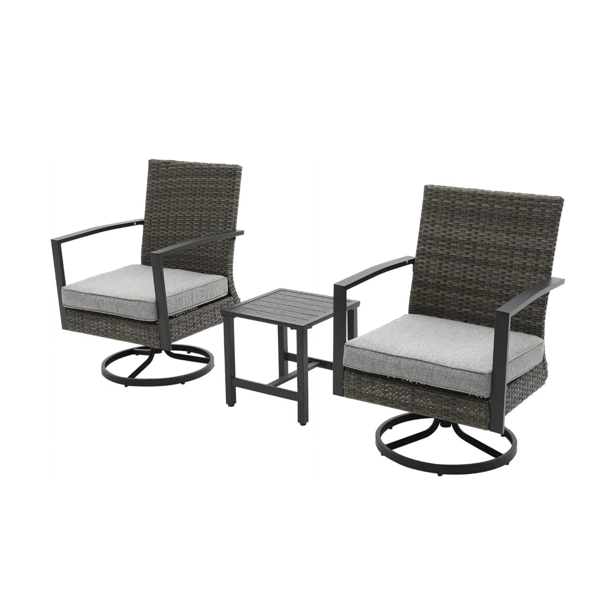 Outdoor Bistro Set Rattan Swivel Rocker Gray 3 Piece with Side Table