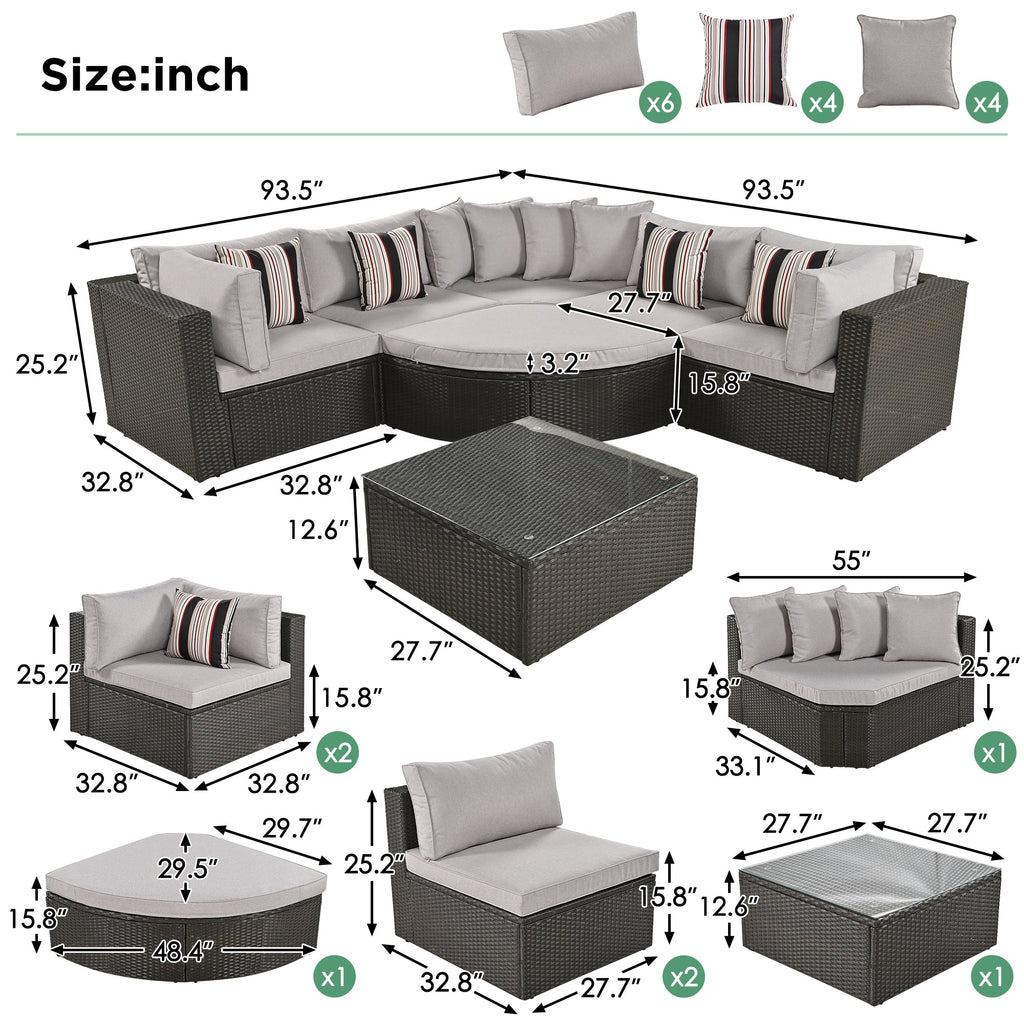 Outdoor Wicker Sofa Set Brown 7 Piece Colorful Pillows Seats 6